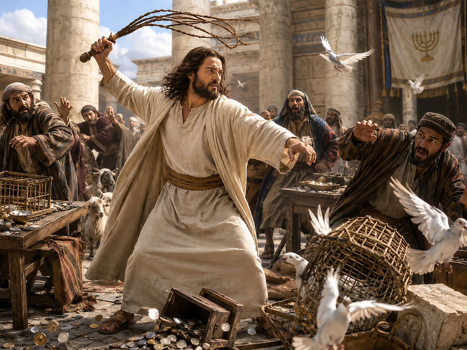 Jesus drives merchants and money changers from the temple courts.